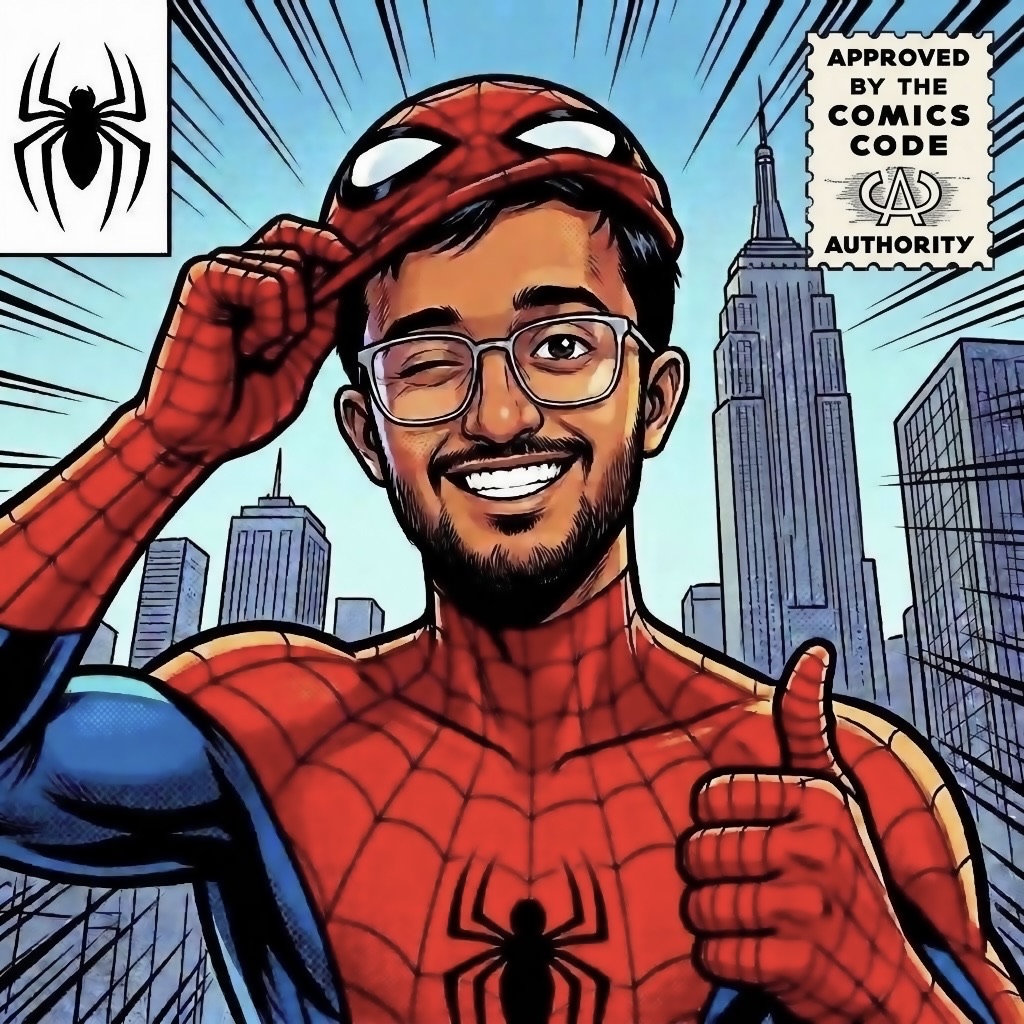 Comic-book illustration of Proteen Das in a Spider-Man suit, winking and giving a thumbs up in front of a city skyline